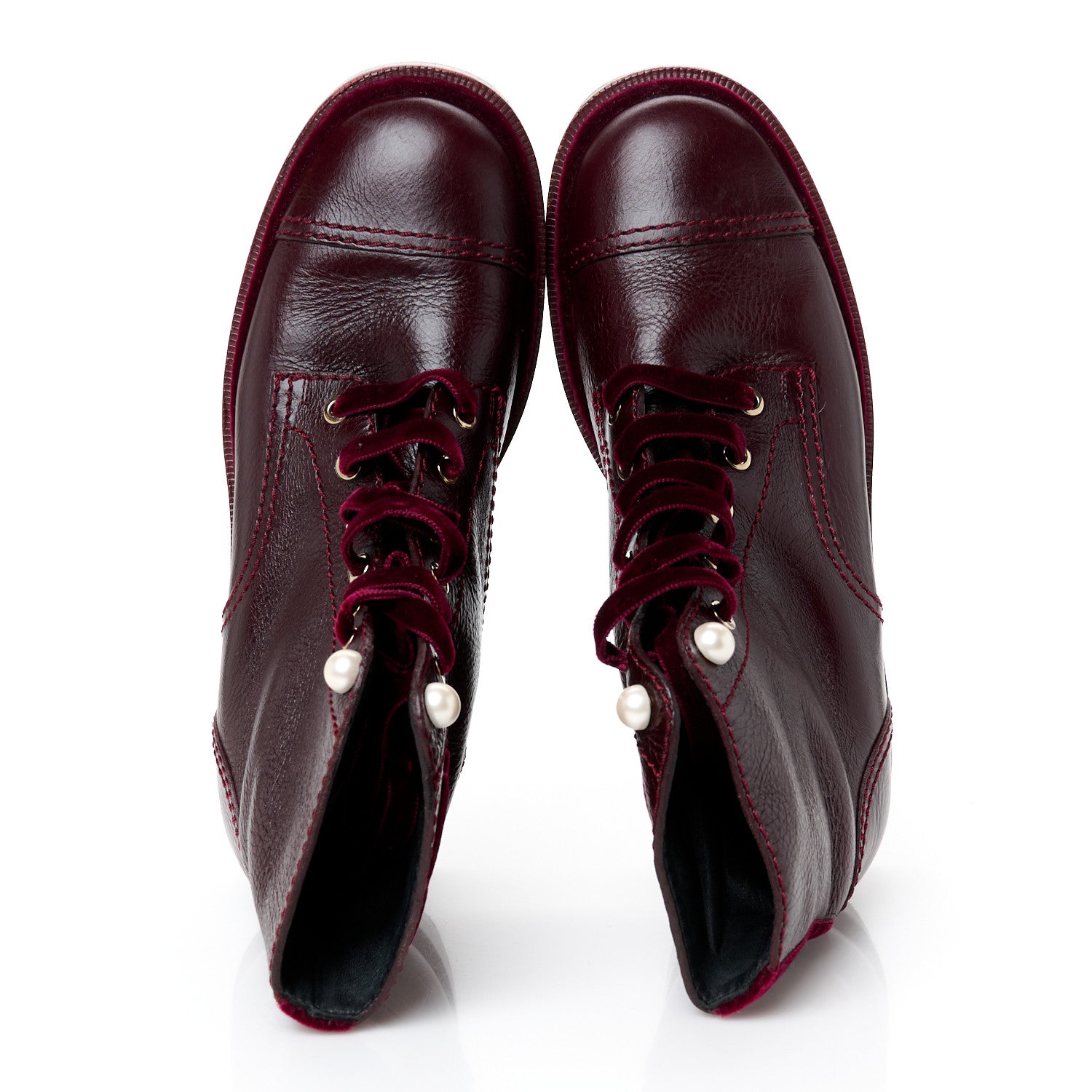Chanel Shiny Calfskin Velvet Pearl Combat Short Boots 39 Burgundy 2 of 9