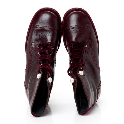 Chanel Shiny Calfskin Velvet Pearl Combat Short Boots 39 Burgundy 2 of 9
