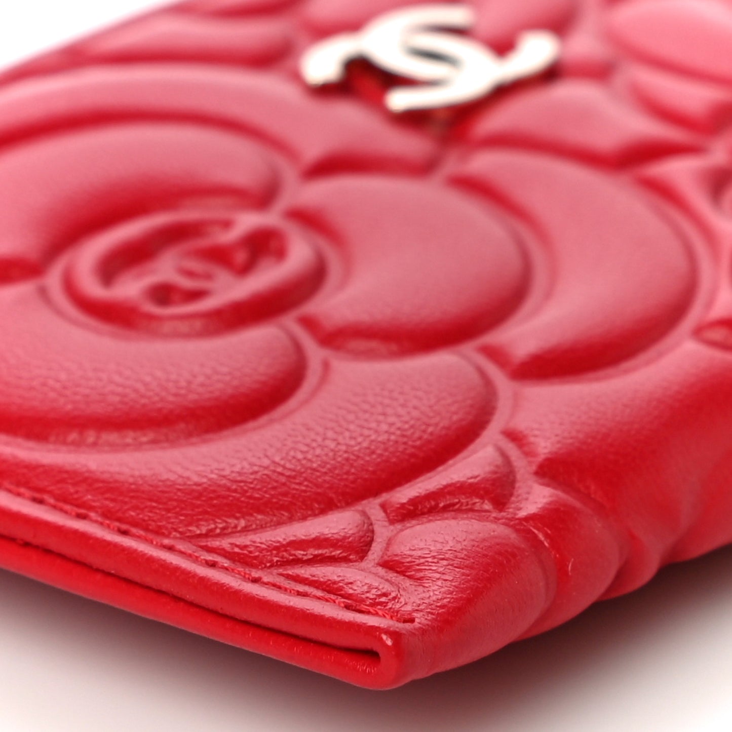 Lambskin Camellia Embossed Card Holder Red