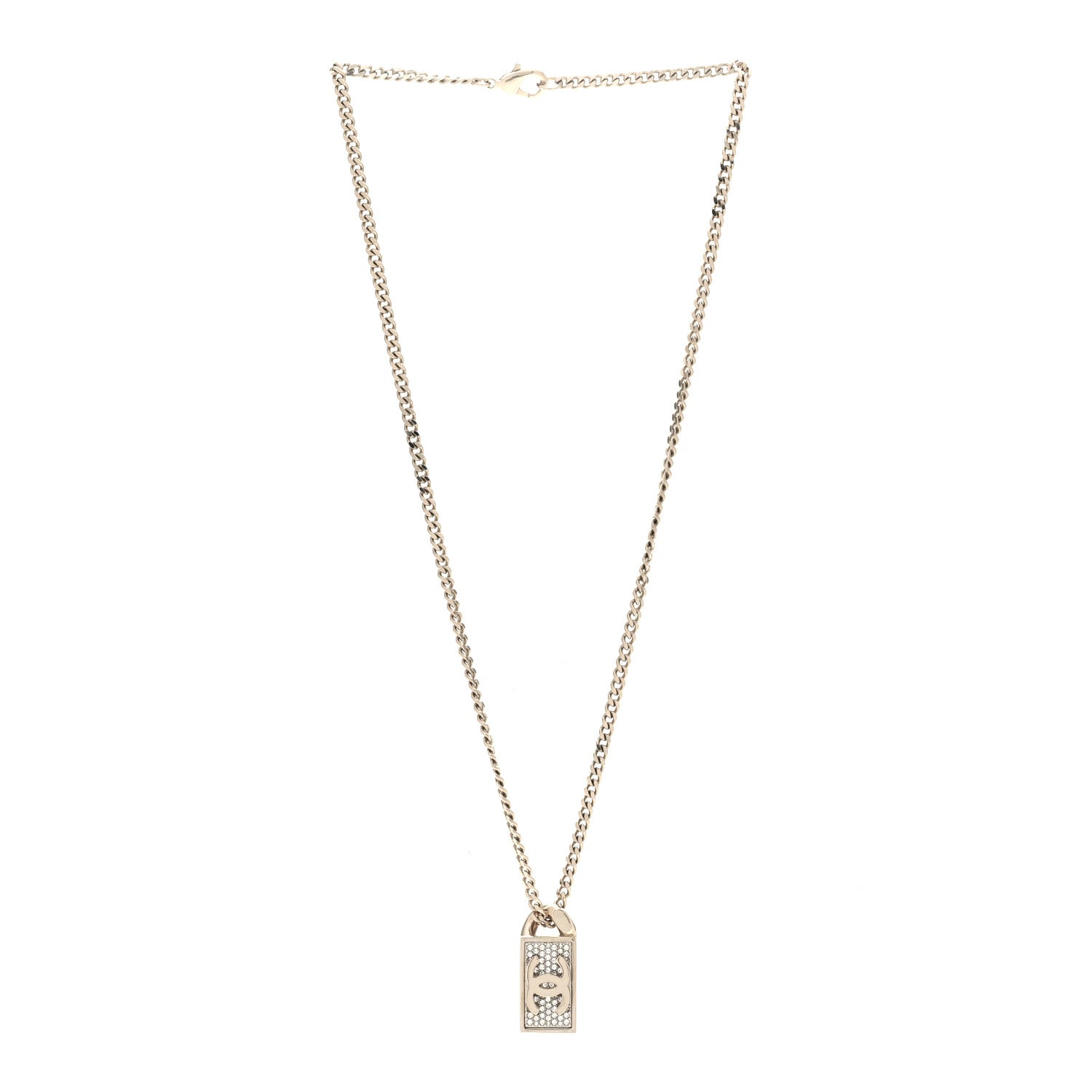 Chanel Crystal Dog Tag Charm Necklace Gold 3 of 6