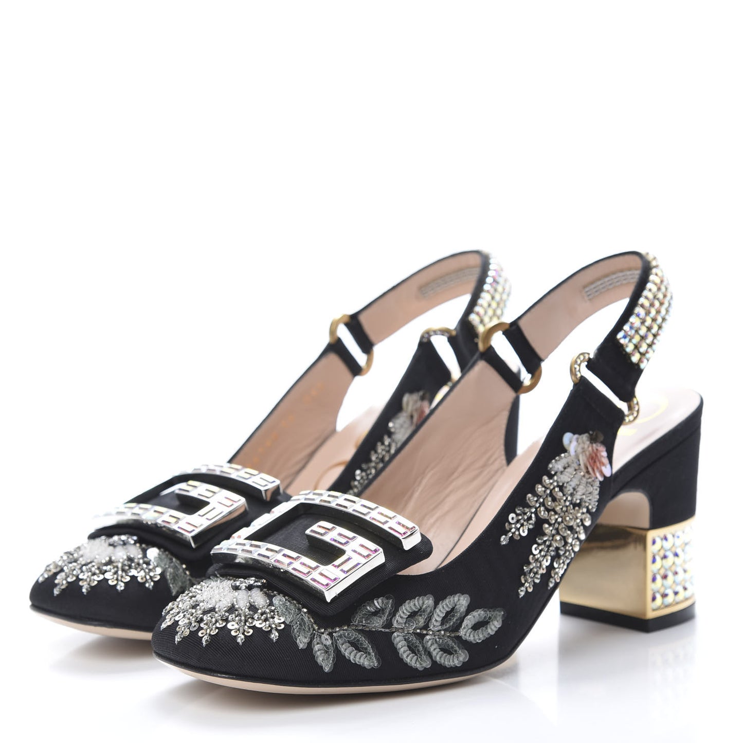 Moire Fabric Eyes Crystal Square G Madelyn Slingbacks 36 Black
