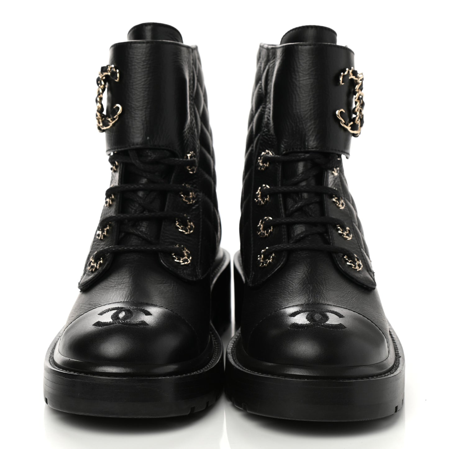 Shiny Calfskin Quilted Lace Up Combat Boots 38 Black