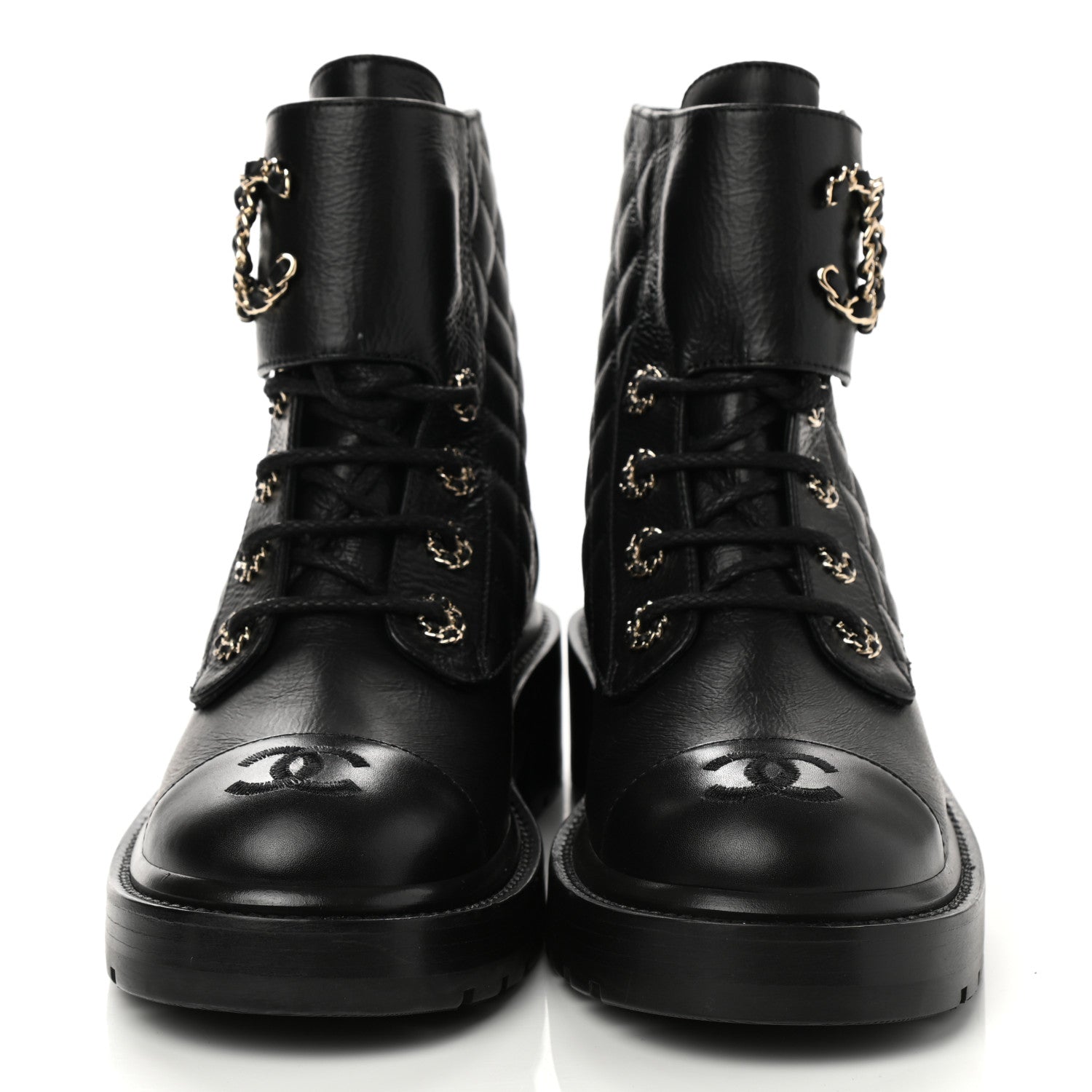 Chanel Shiny Calfskin Quilted Lace Up Combat Boots 38 Black 2 of 8