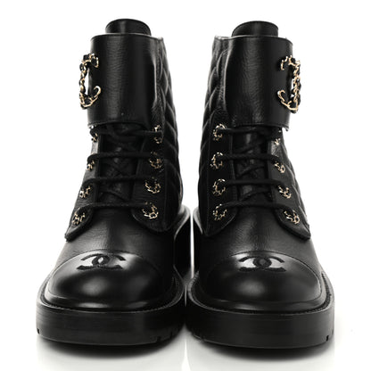 Chanel Shiny Calfskin Quilted Lace Up Combat Boots 38 Black 2 of 8
