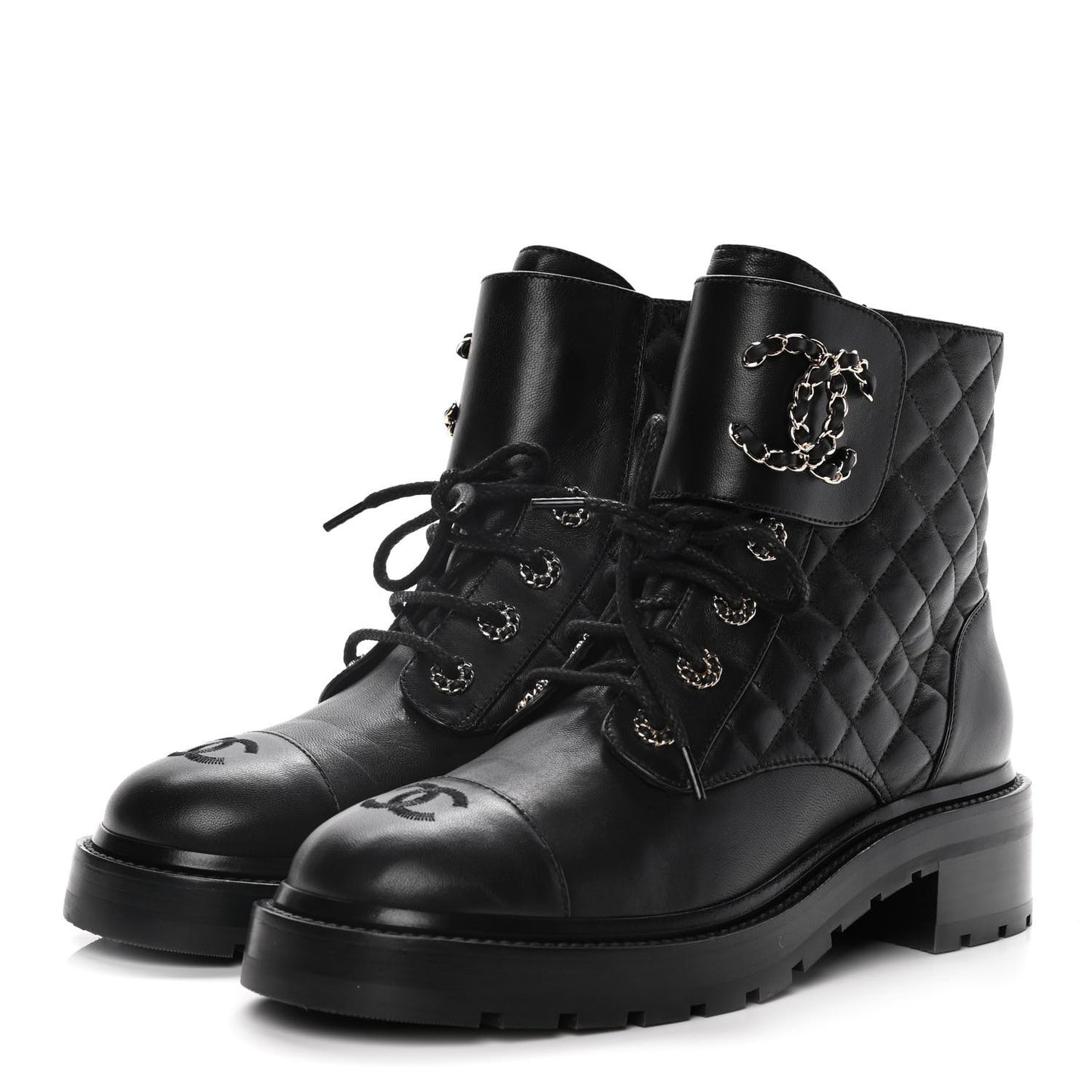 Shiny Lambskin Quilted Lace Up Combat Boots 39.5 Black