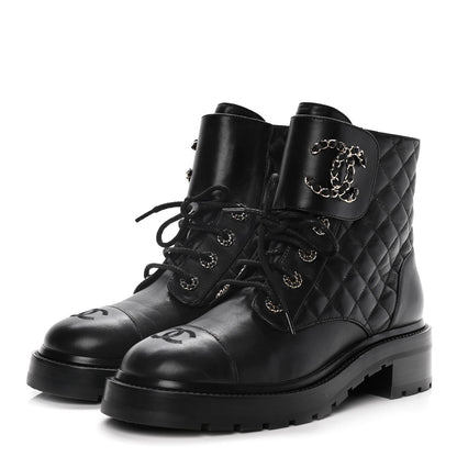 Chanel Shiny Lambskin Quilted Lace Up Combat Boots 39.5 Black 3 of 16