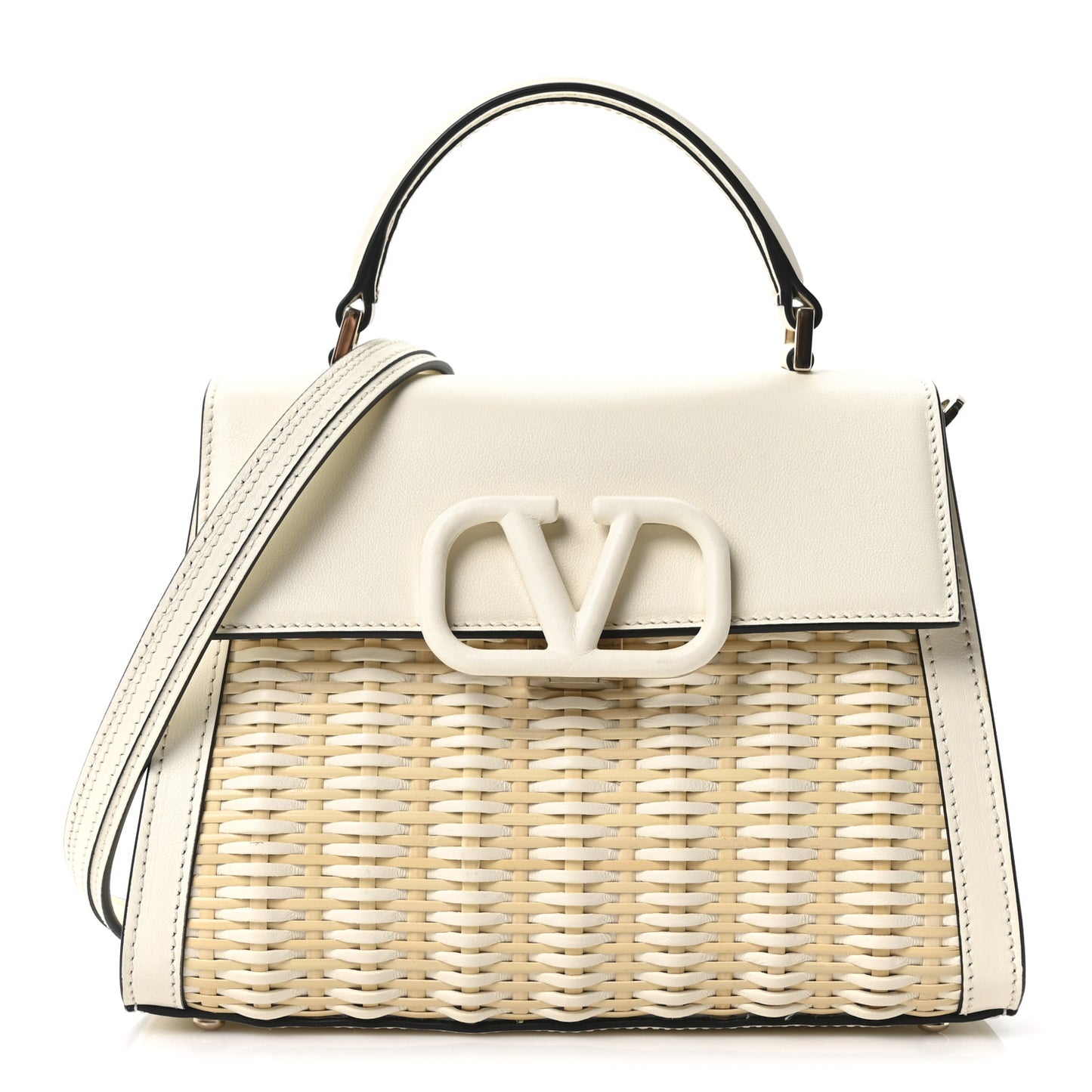 Wicker Calfskin Small VSling Top Handle Bag Natural White
