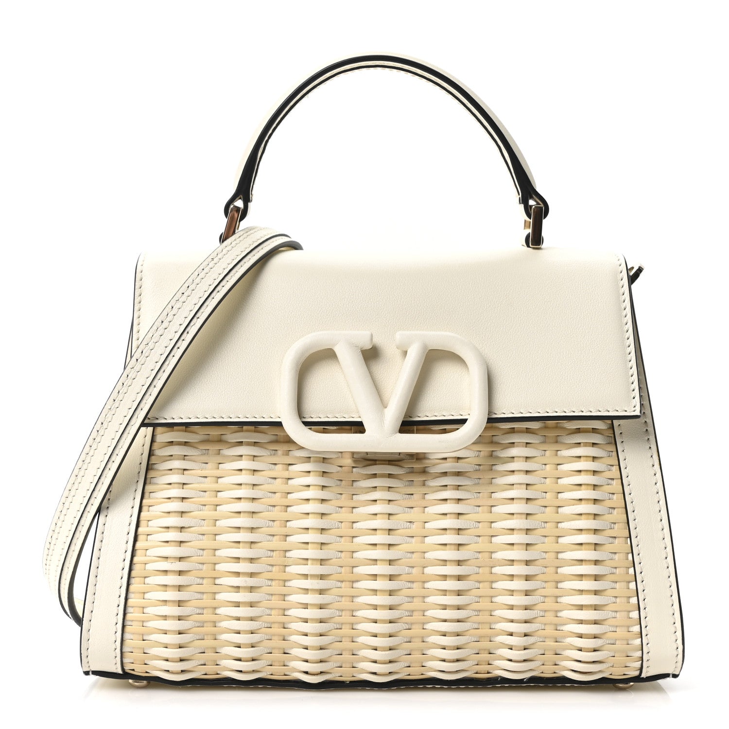 Valentino Garavani Wicker Calfskin Small VSling Top Handle Bag Natural White 1 of 9