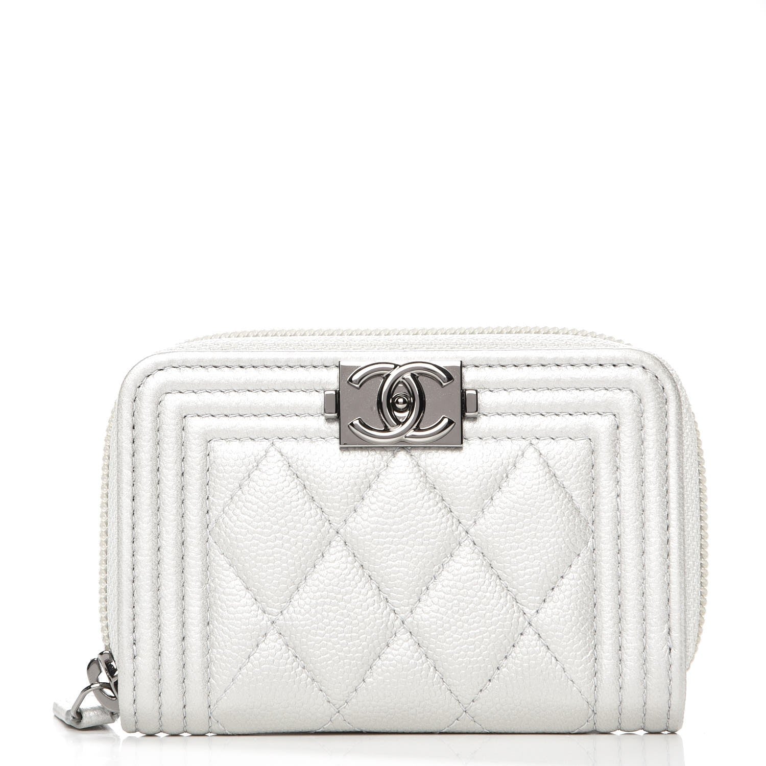 Chanel Caviar Quilted Boy Zip Around Coin Purse Wallet White 1 of 7