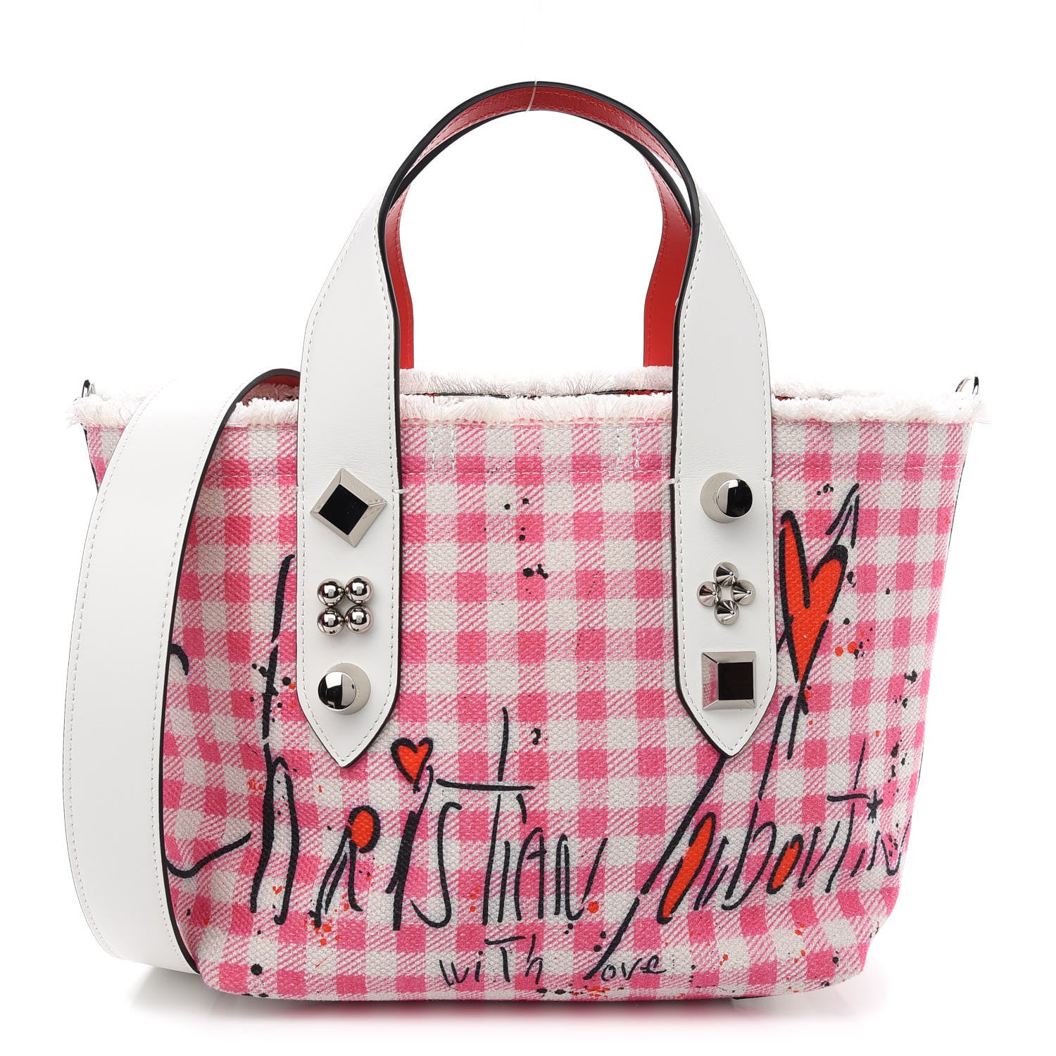 Christian Louboutin Canvas Gingham Printed Mini Frangibus Tote Pink White 1 of 9