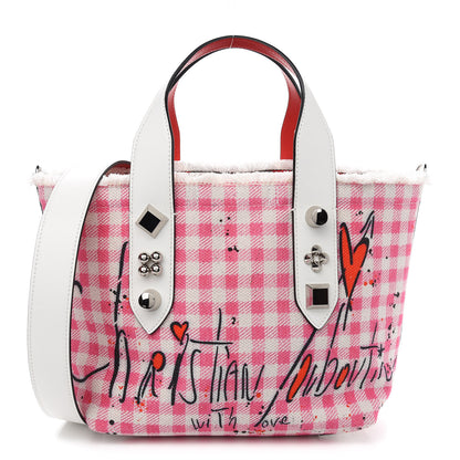 Christian Louboutin Canvas Gingham Printed Mini Frangibus Tote Pink White 1 of 9