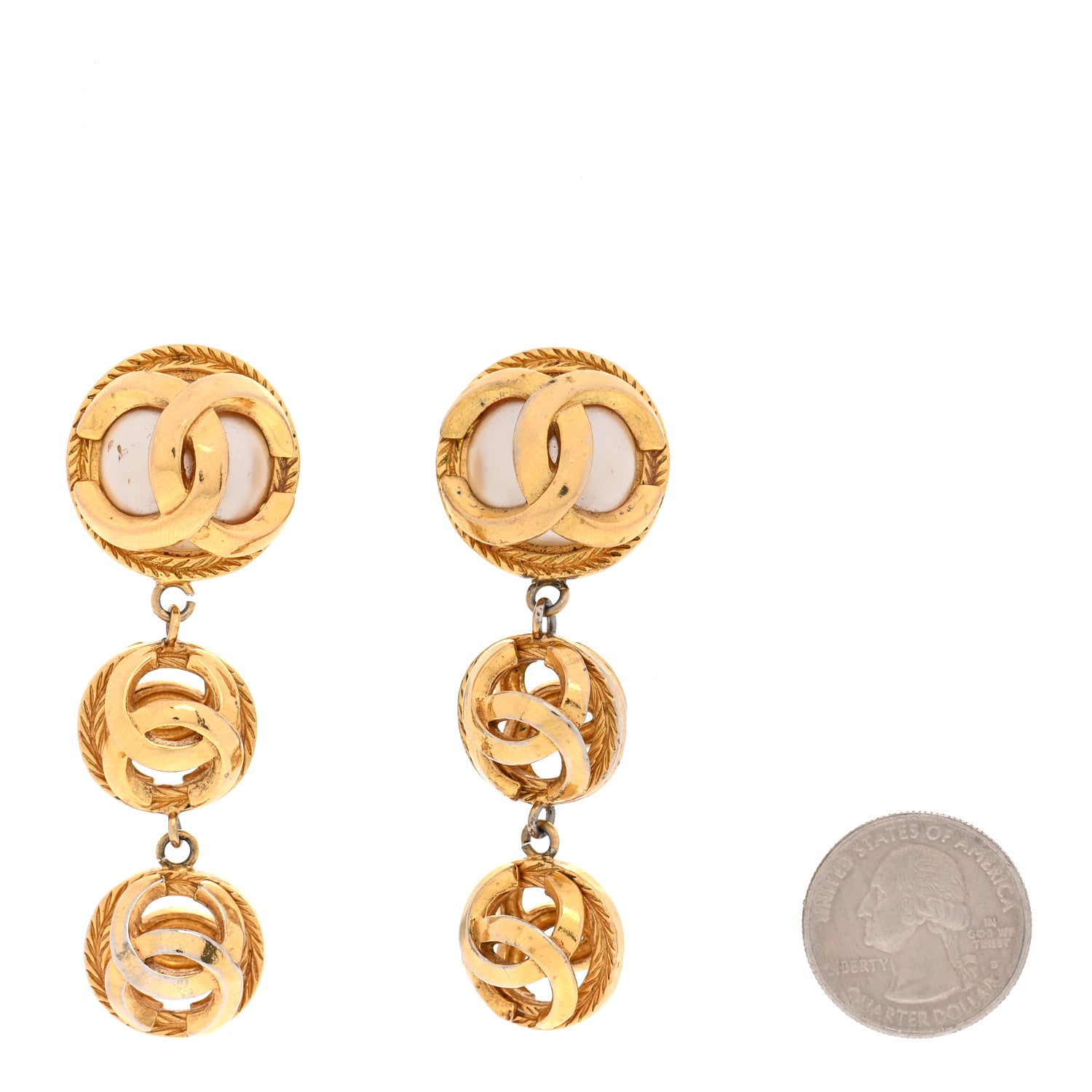 Chanel Metal Pearl CC Dangle Clip On Earrings Gold 2 of 5
