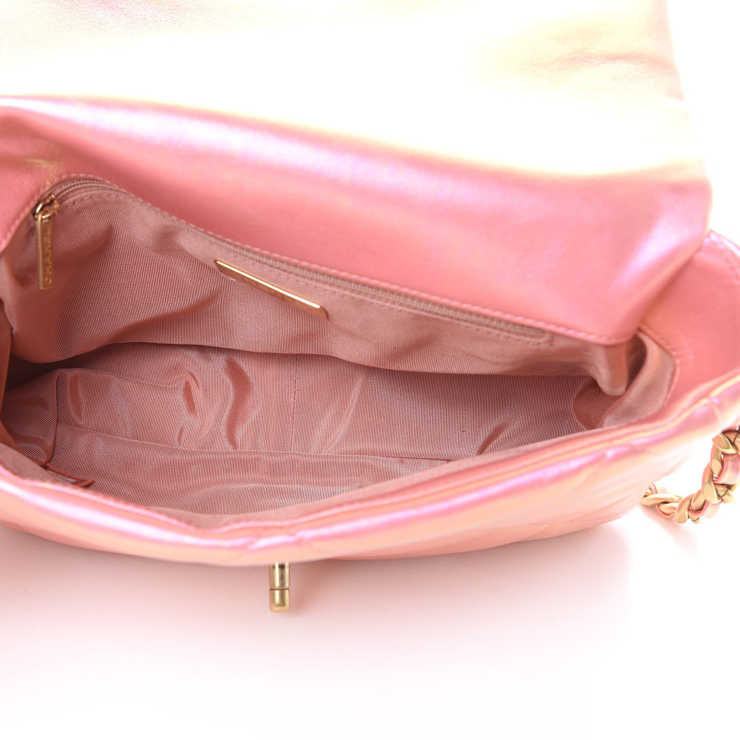 Iridescent Calfskin Quilted Large Chanel 19 Flap Pink
