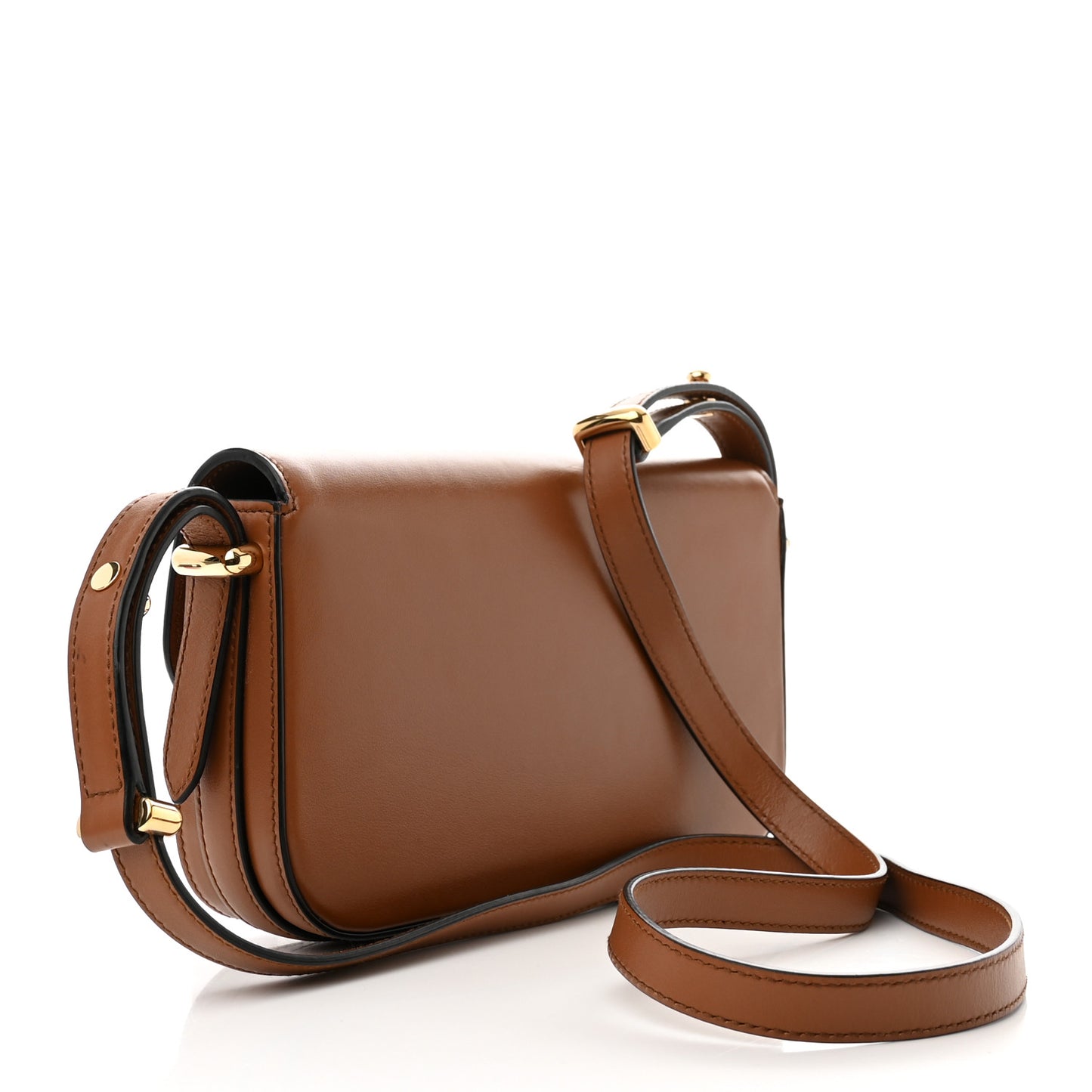 Soft Calfskin Metal Triangle Logo Flap Shoulder Bag Cognac