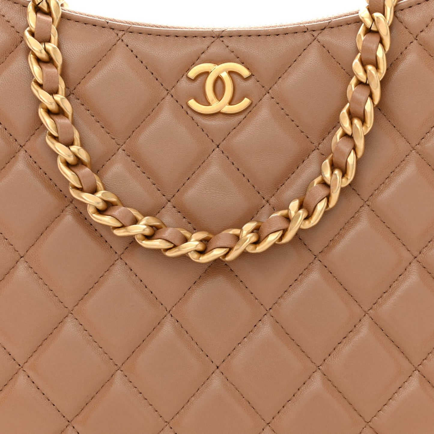 Shiny Crumpled Lambskin Quilted Large Trendy Chain Around Hobo Dark Beige