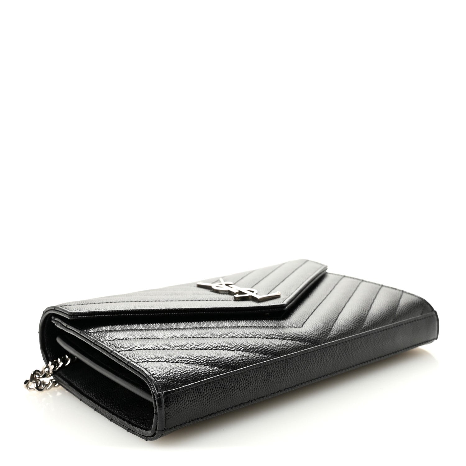 Saint Laurent Grain De Poudre Matelasse Chevron Monogram Chain Wallet Black 4 of 9