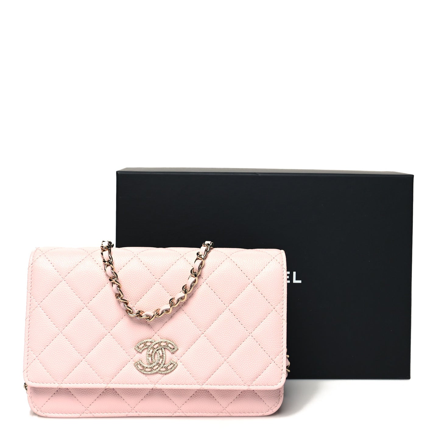 Caviar Quilted Crystal CC Wallet On Chain WOC Light Pink