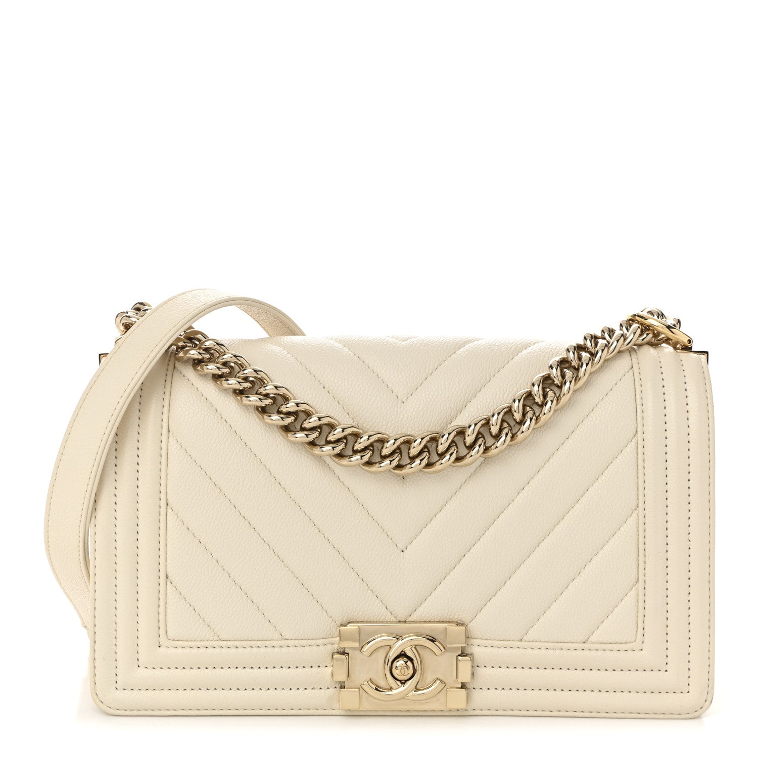 Chanel Caviar Chevron Quilted Medium Boy Flap White 2 of 19