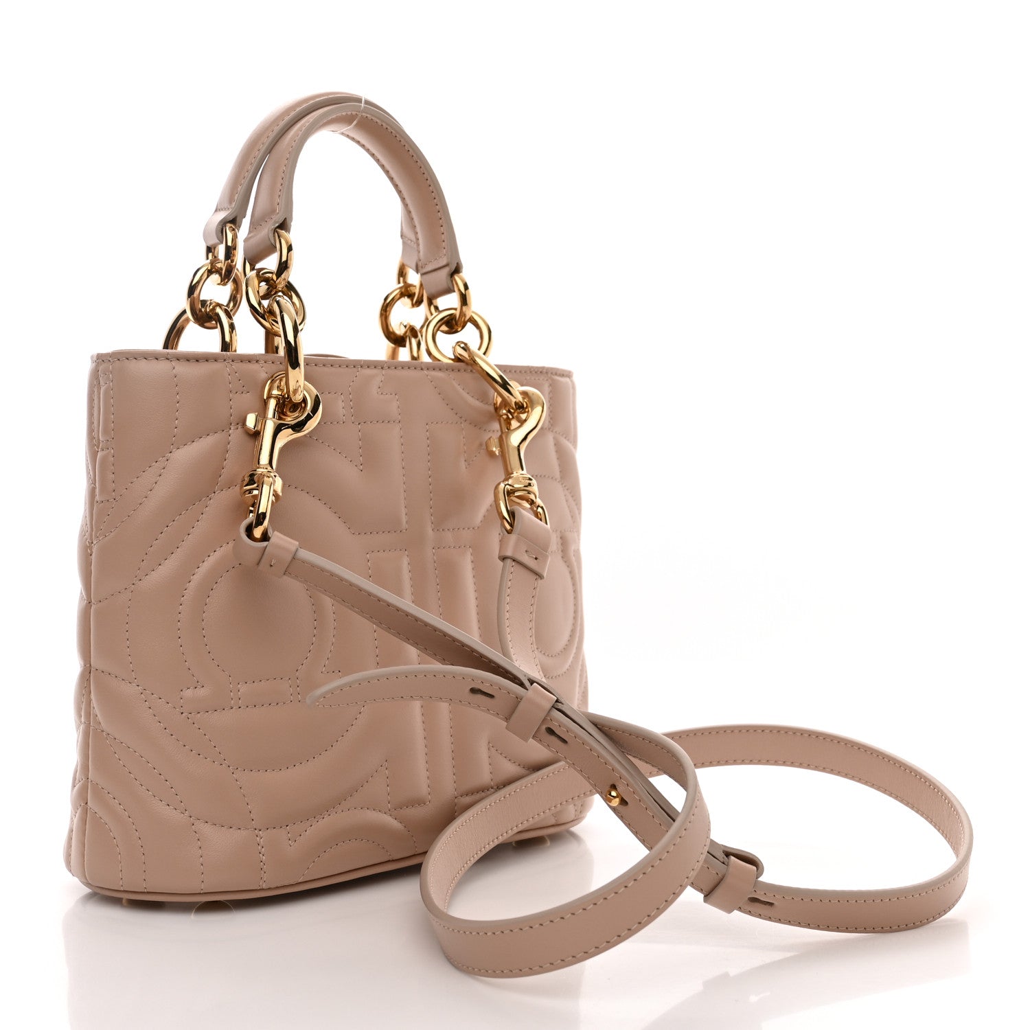 Salvatore Ferragamo Calfskin Embossed Logo Plaque Gancini Tote Beige 3 of 10