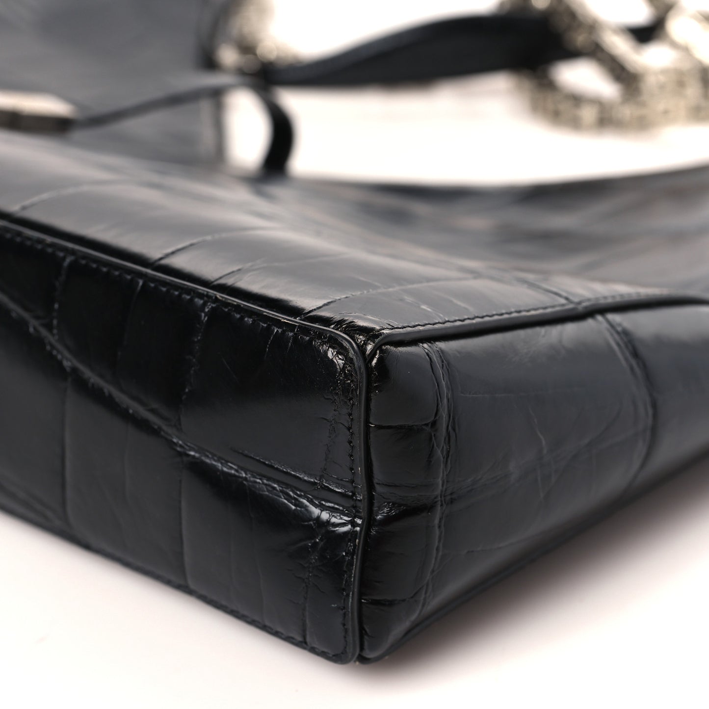 Calfskin Crocodile Embossed Large Cut Out Shoulder Bag Black
