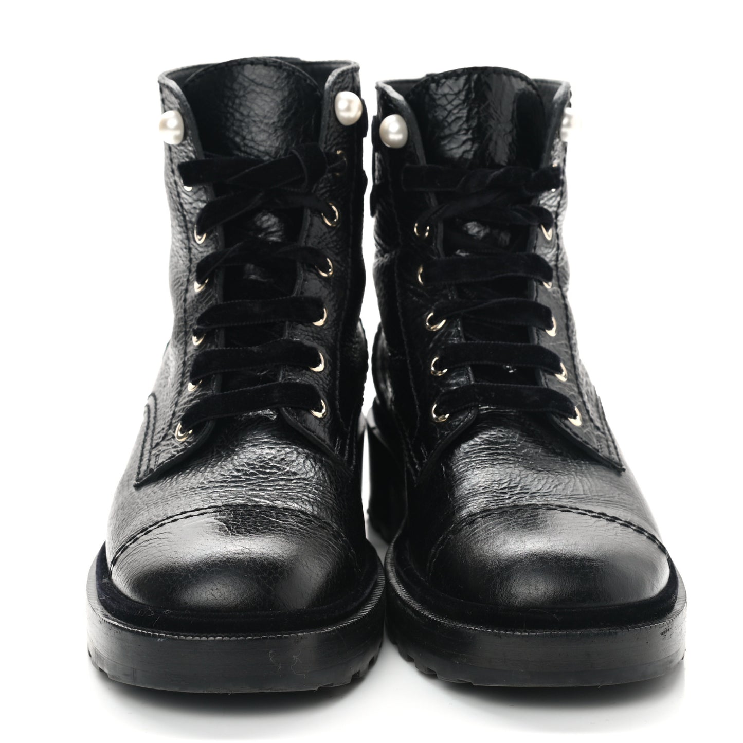 Shiny Calfskin Velvet Pearl Combat Short Boots 39 Black