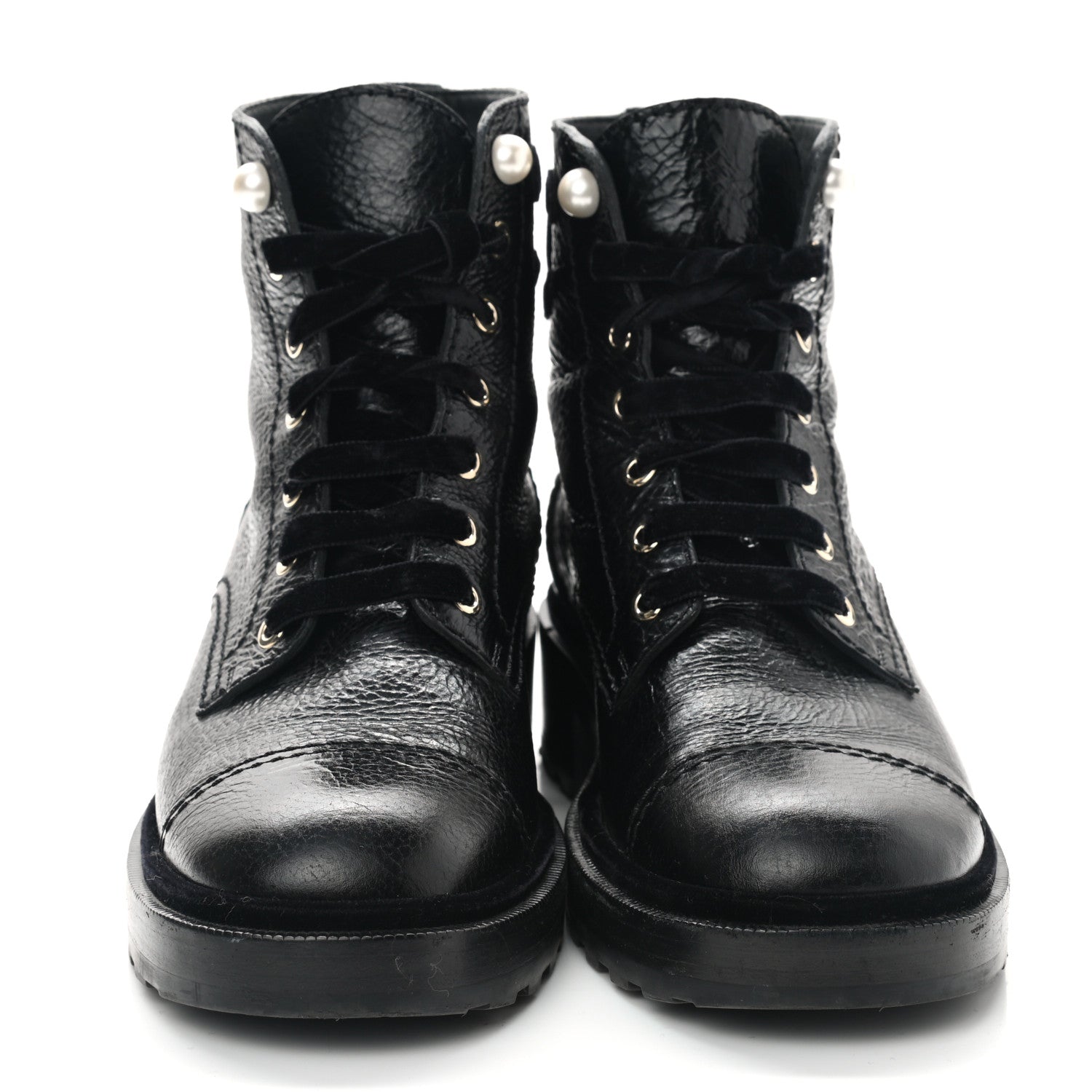 Chanel Shiny Calfskin Velvet Pearl Combat Short Boots 39 Black 2 of 10