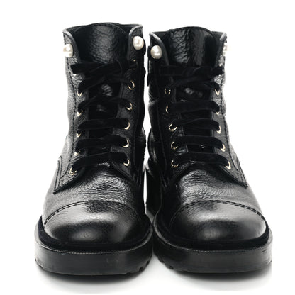 Chanel Shiny Calfskin Velvet Pearl Combat Short Boots 39 Black 2 of 10