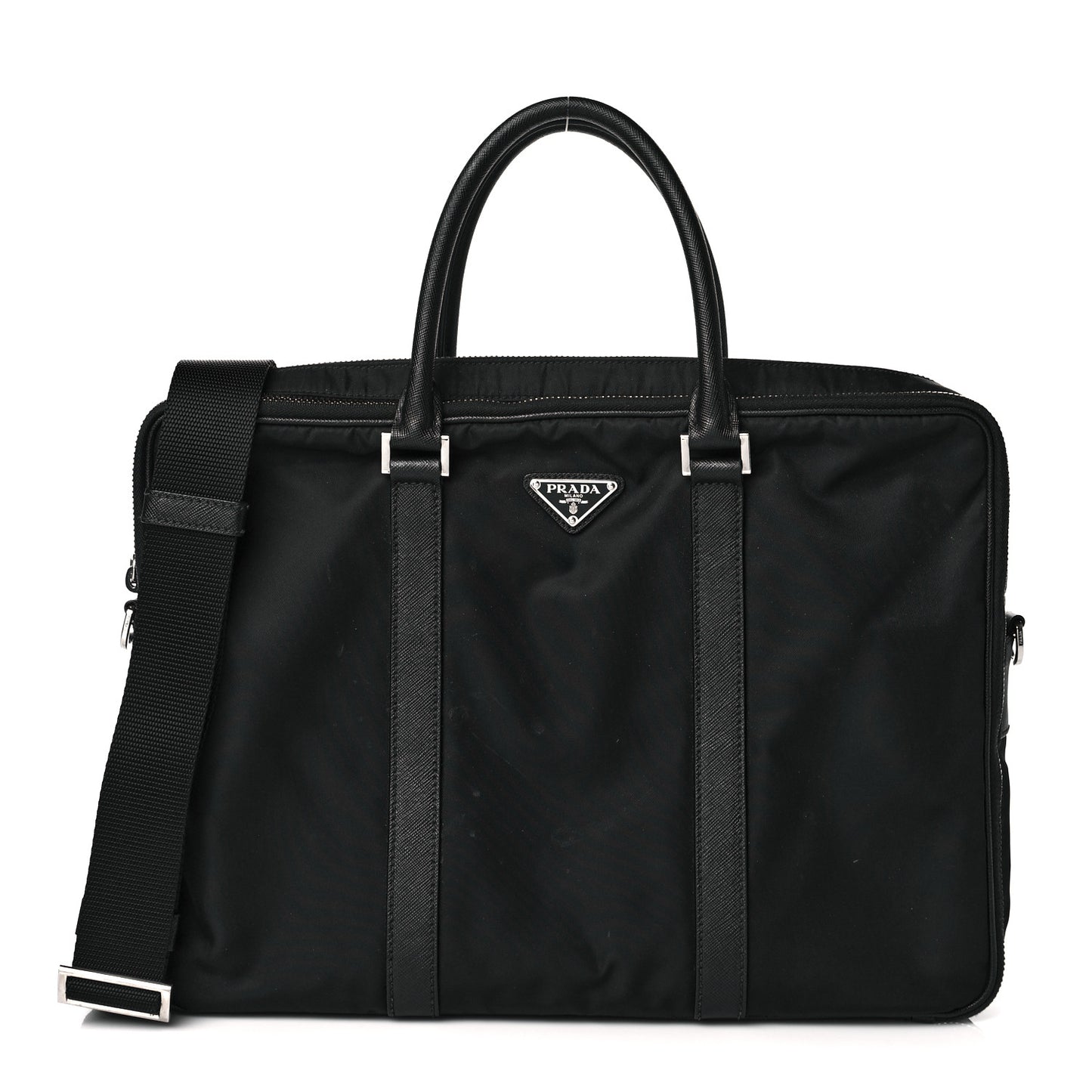 Tessuto Nylon Saffiano Metal Triangle Logo Work Bag Black