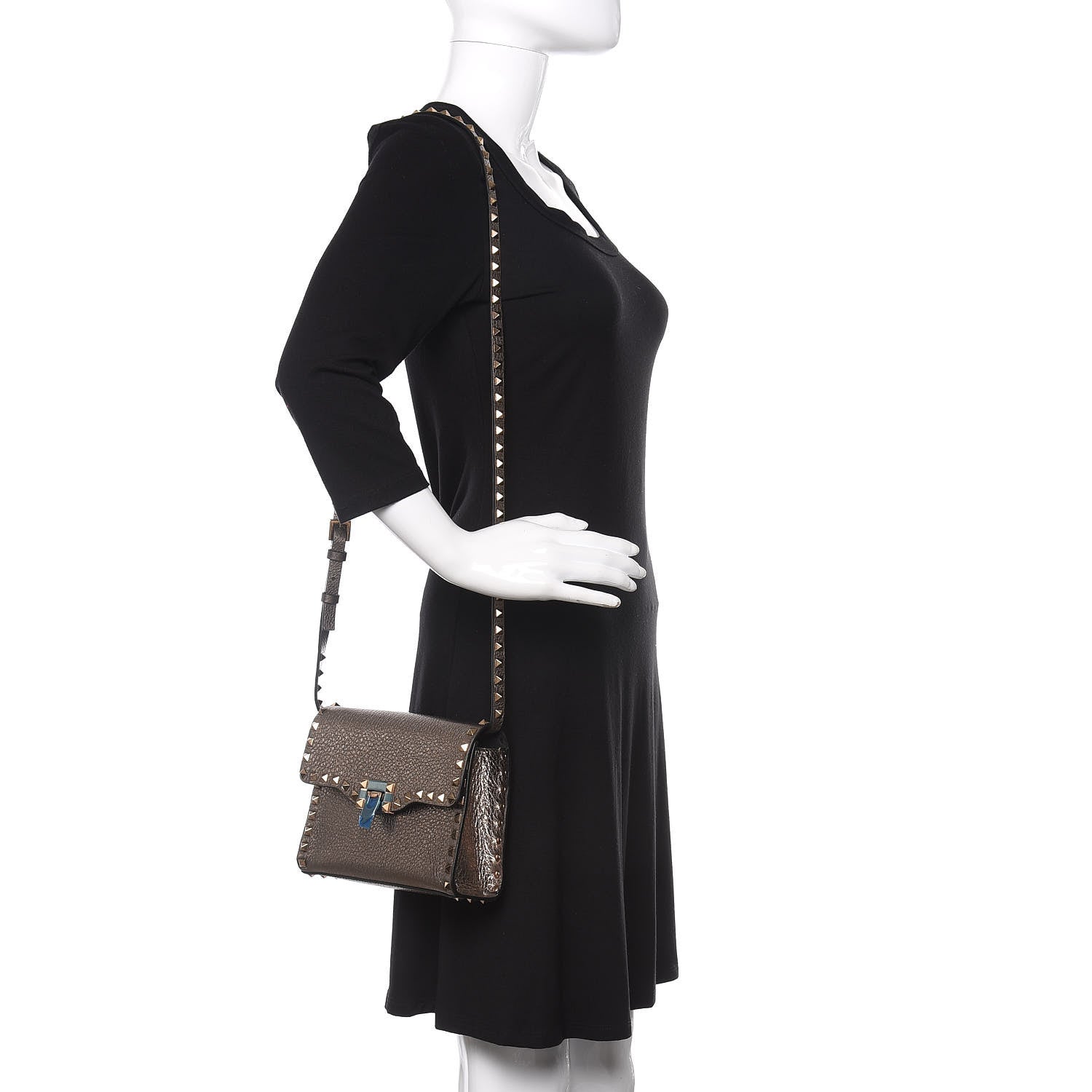 Valentino Garavani Metallic Pebbled Calfskin Medium Rockstud Flip Lock Crossbody Bag Sasso 2 of 8