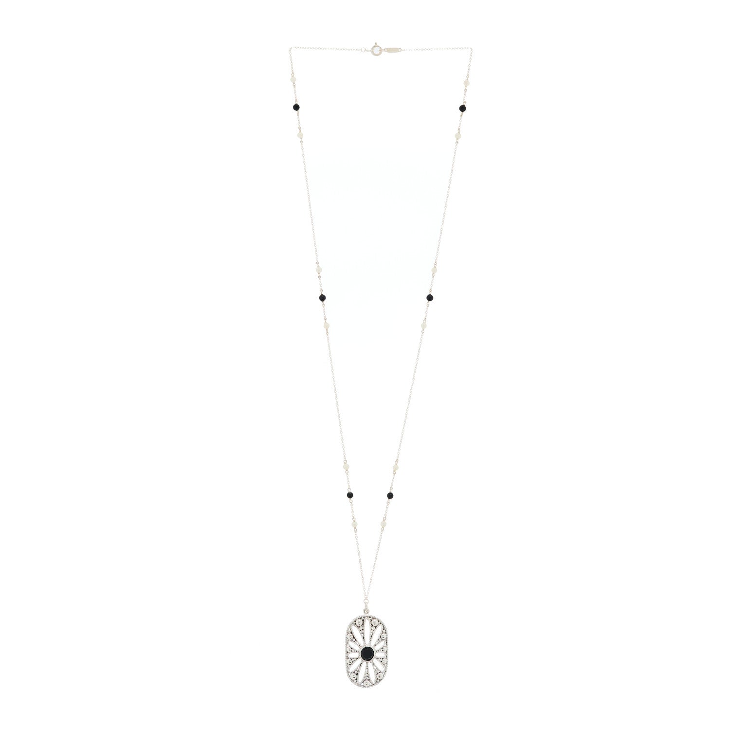 Tiffany Sterling Silver Black Onyx Pearl Ziegfeld Daisy Pendant Necklace 5 of 10