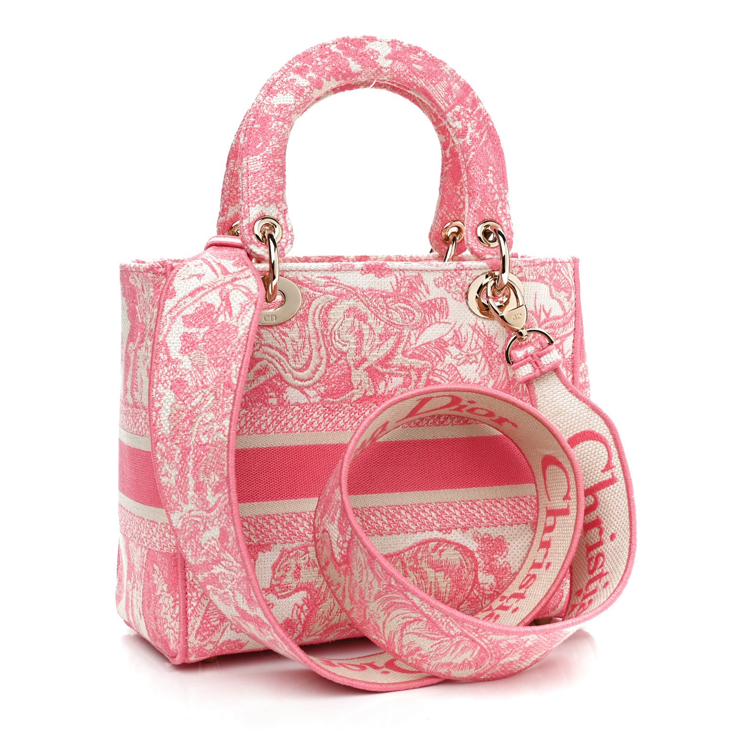 Christian Dior Canvas Toile De Jouy Embroidered Medium Lady D-Lite Peony Pink 2 of 13