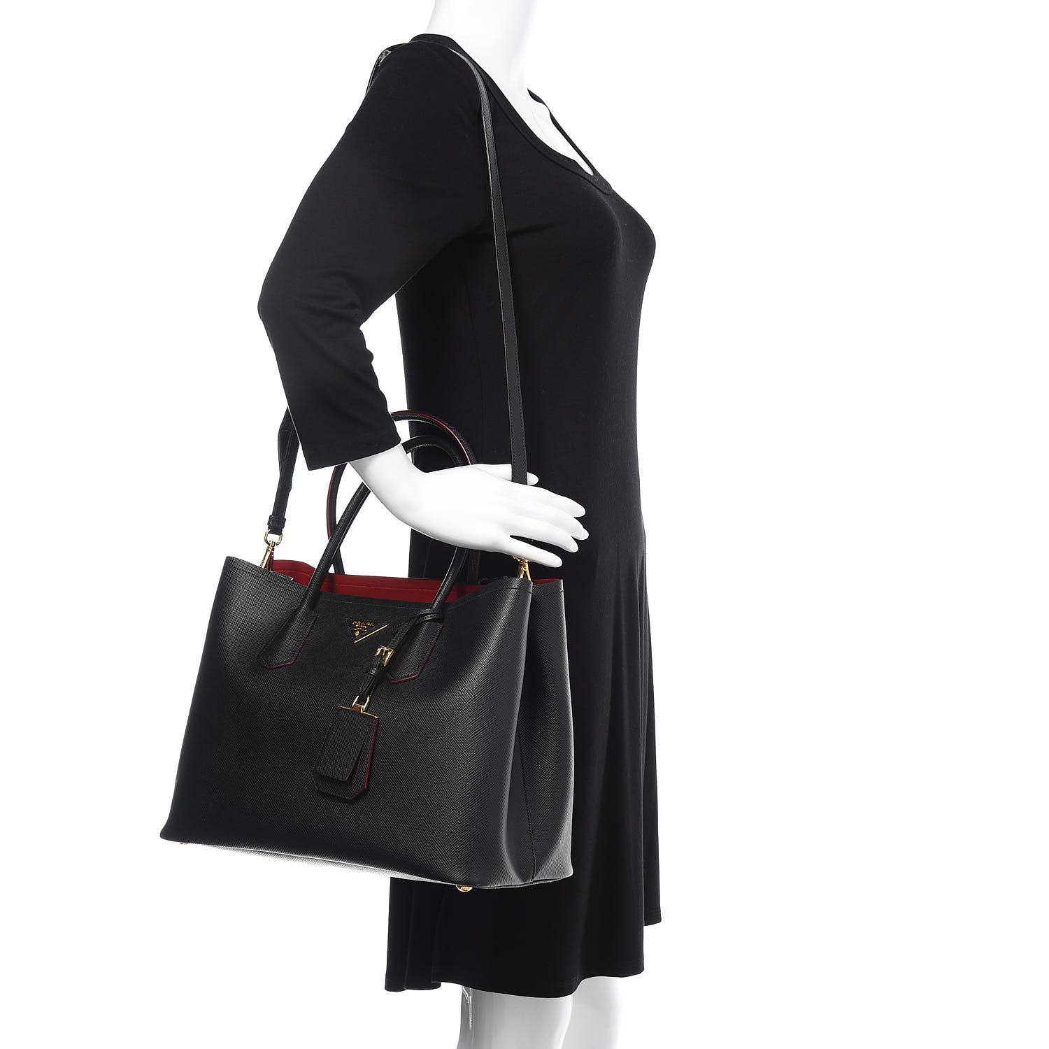 Prada Saffiano Cuir Large Double Bag Black Fuoco 2 of 9