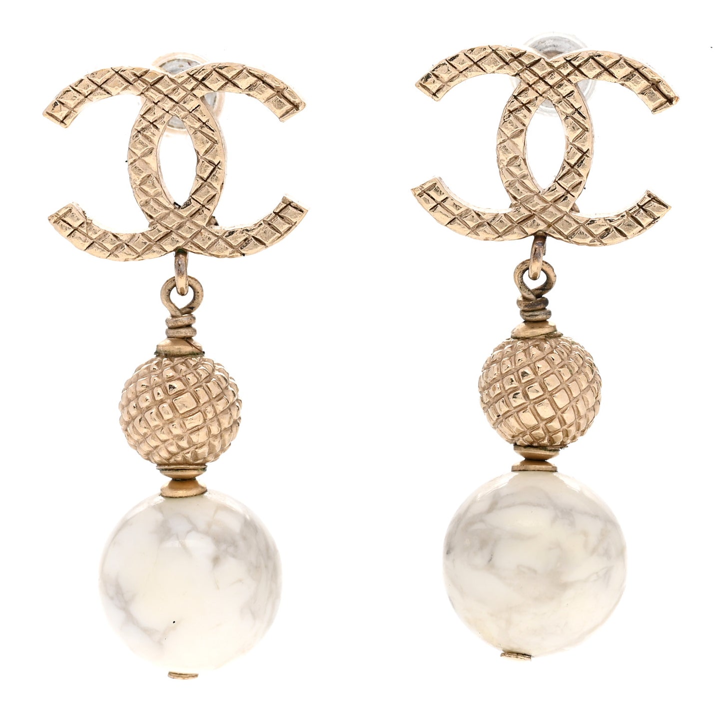 Metal Pearl Quilted CC Drop Earrings Gold White