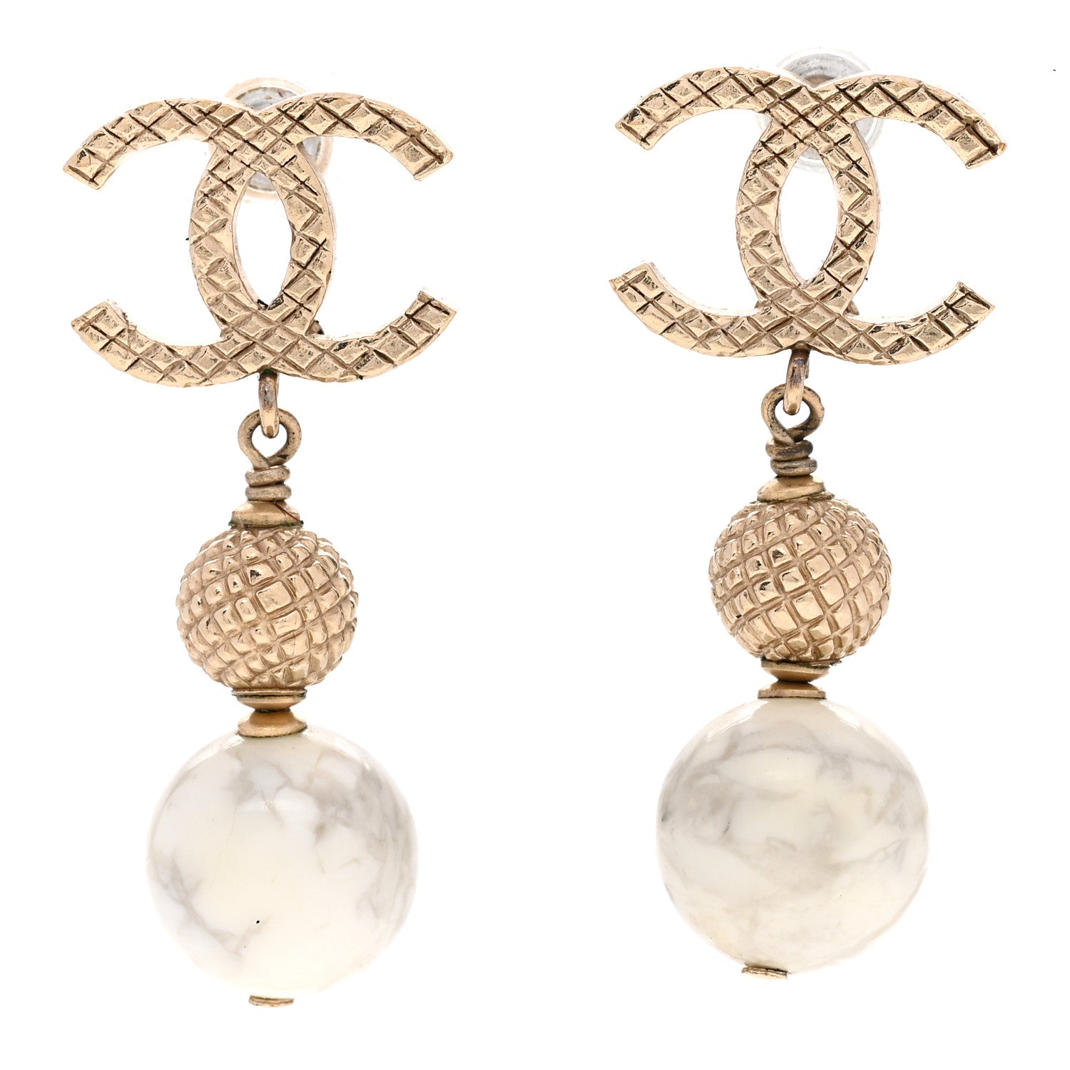 Chanel Metal Pearl Quilted CC Drop Earrings Gold White 1 of 4