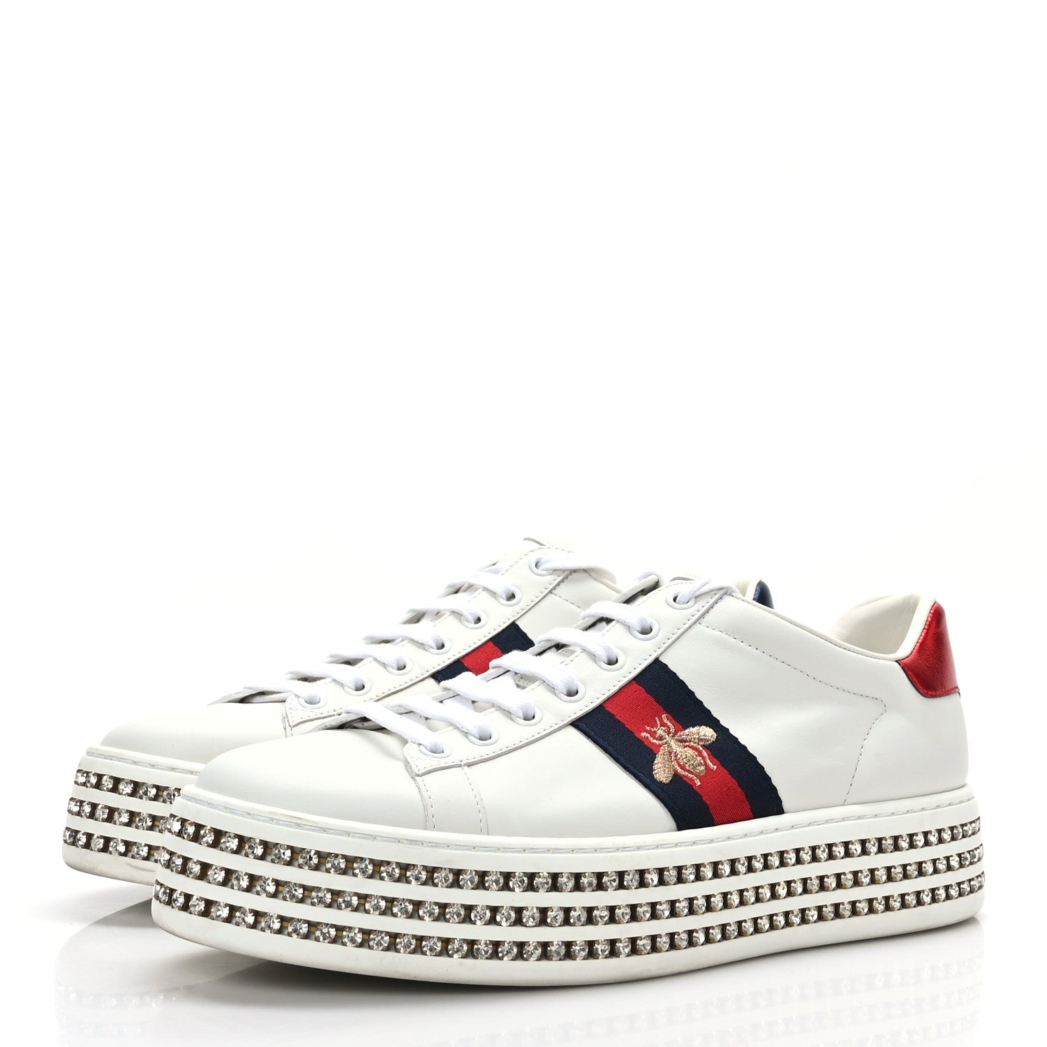Gucci Calfskin Crystal Web Bee Embroidered Womens Ace Platform Sneakers 40 White 3 of 7