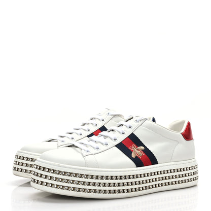 Gucci Calfskin Crystal Web Bee Embroidered Womens Ace Platform Sneakers 40 White 3 of 7