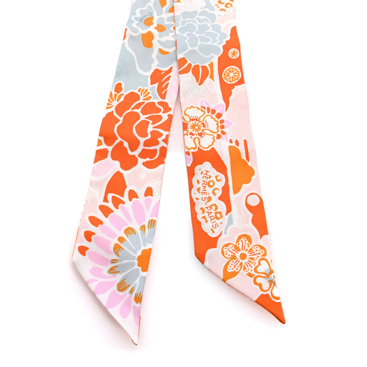 Hermes Silk Bingata Twilly Orange Rose Gris 2 of 3