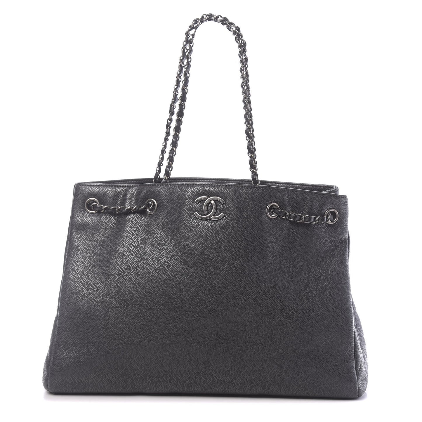 Metallic Grained Calfskin Woven Chain Large Shopping Bag Black