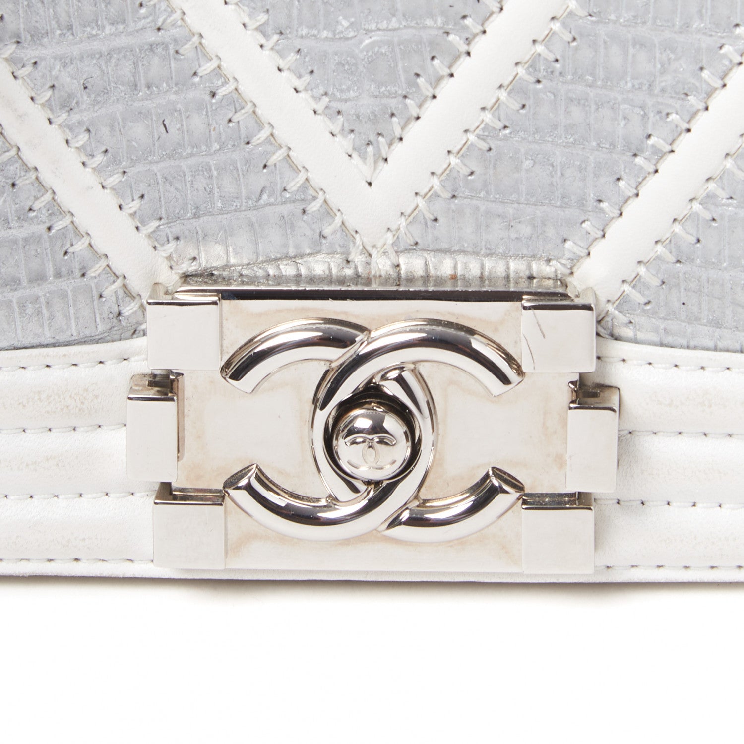 Chanel Lizard Chevron Stitched Small Boy Flap White Silver 7 of 11