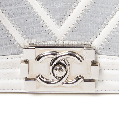 Chanel Lizard Chevron Stitched Small Boy Flap White Silver 7 of 11