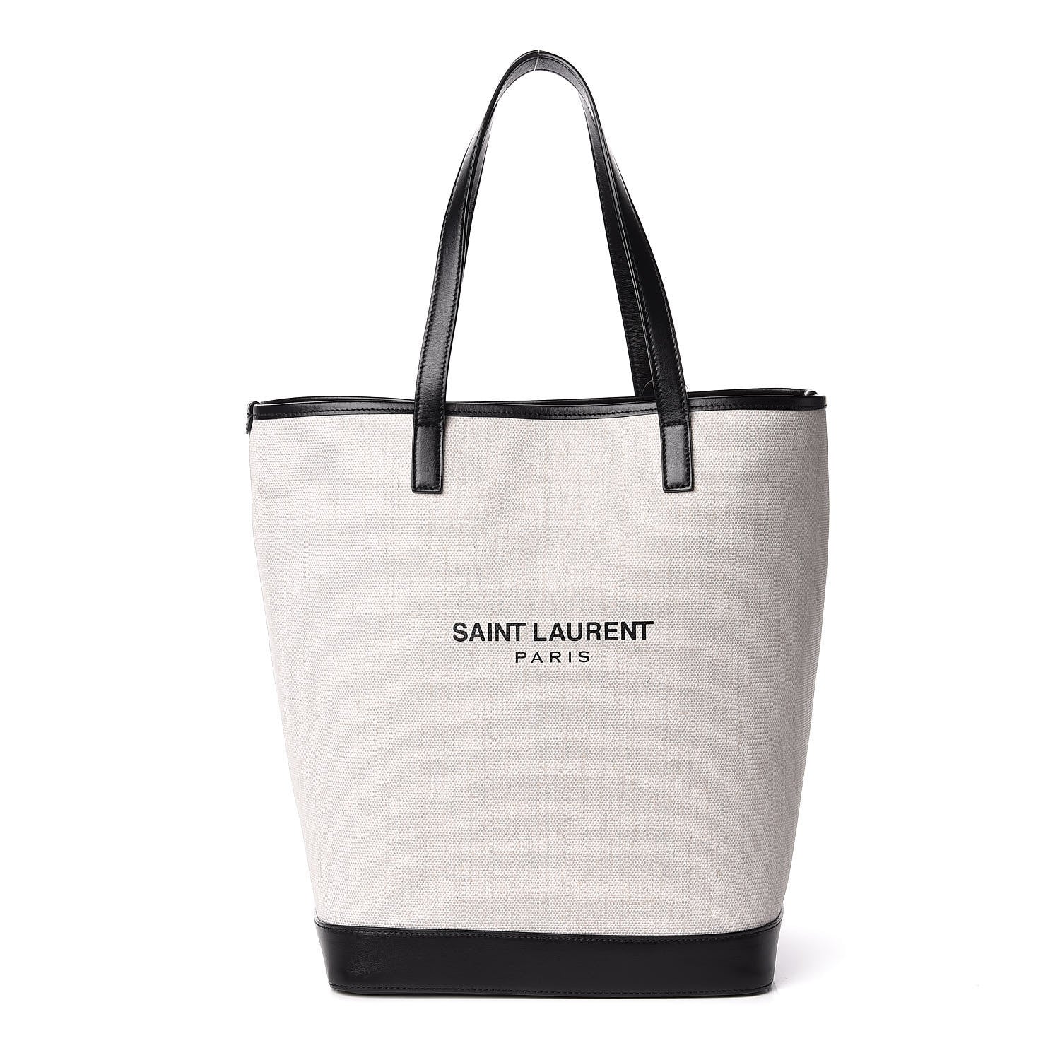 Saint Laurent Canvas Calfskin Teddy Drawstring Shopping Tote White Black 3 of 9