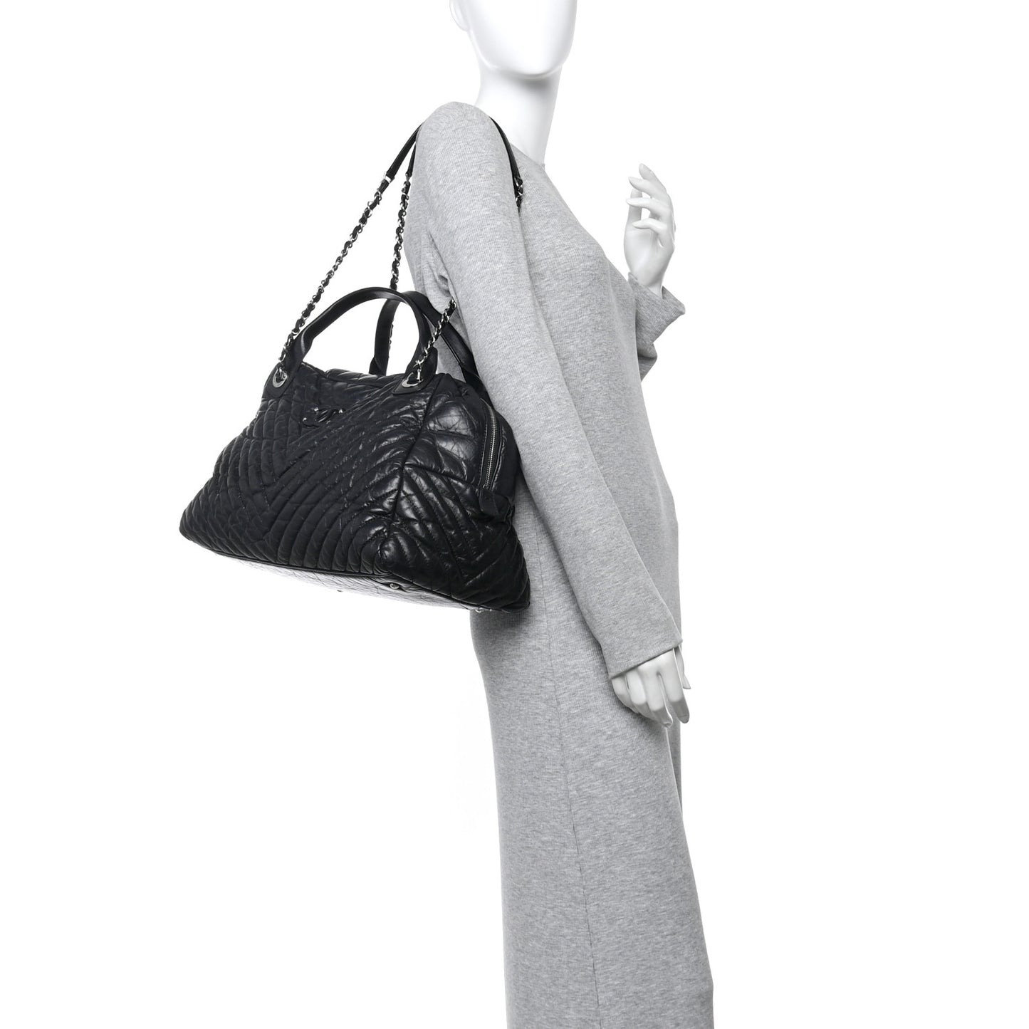 Aged Calfskin Chevron Large Soft Bowling Bag Black
