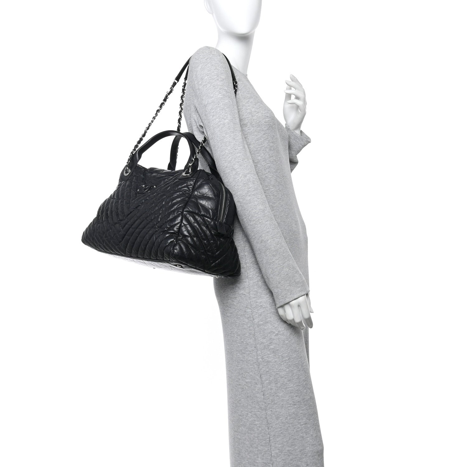 Chanel Aged Calfskin Chevron Large Soft Bowling Bag Black 3 of 19