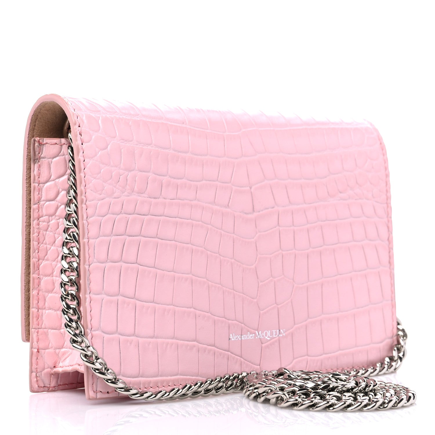 Alexander McQueen Calfskin Crocodile Embossed Skull Mini Crossbody Bag Pink 3 of 8