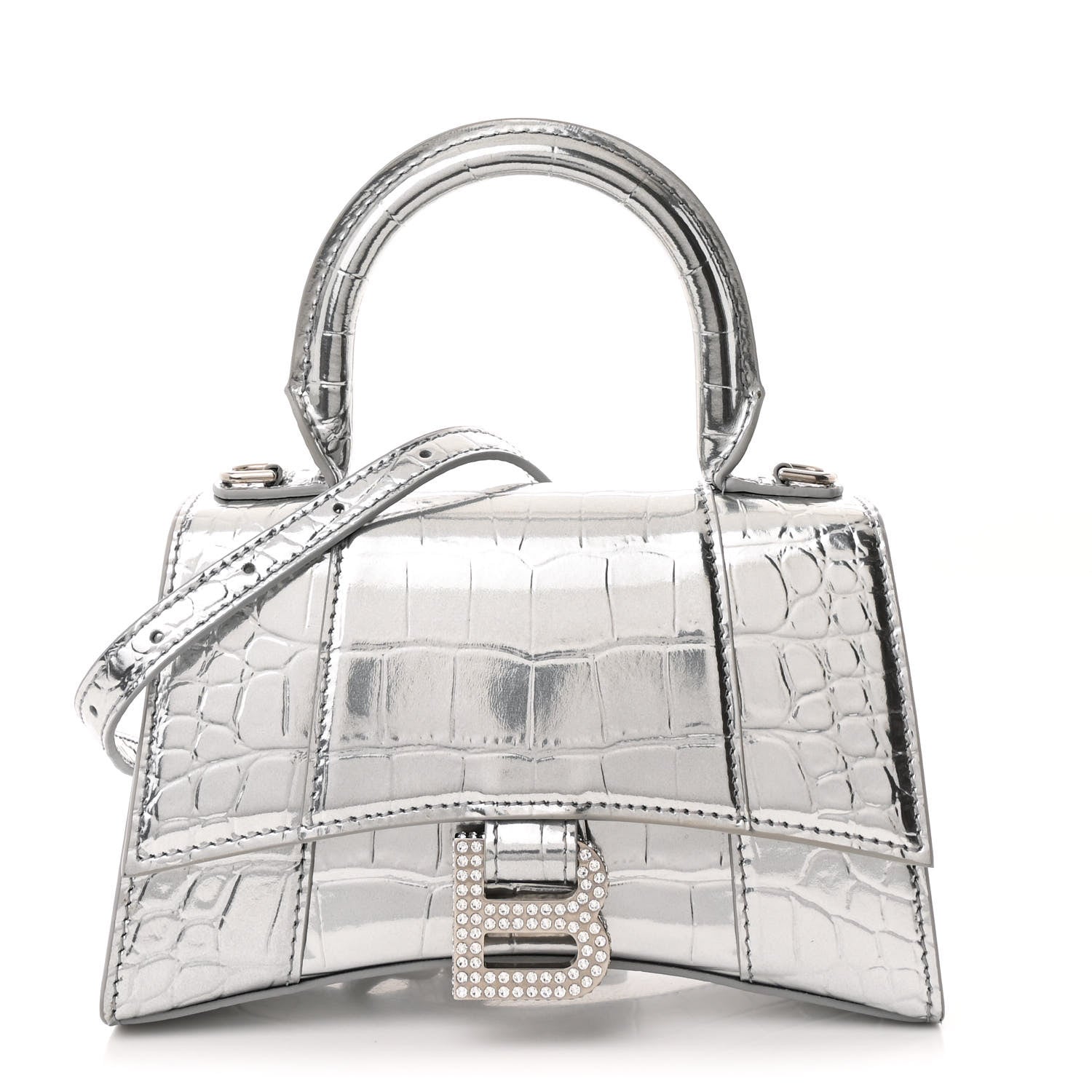 Balenciaga Metallic Calfskin Crocodile Embossed Crystal Hourglass Top Handle Bag XS Silver 1 of 11