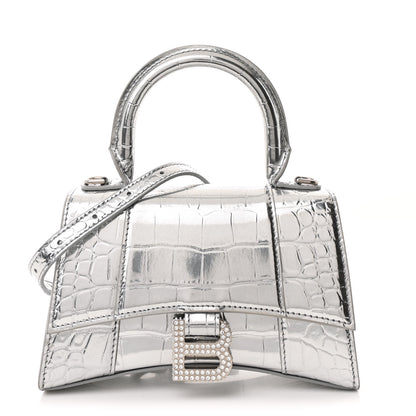 Balenciaga Metallic Calfskin Crocodile Embossed Crystal Hourglass Top Handle Bag XS Silver 1 of 11
