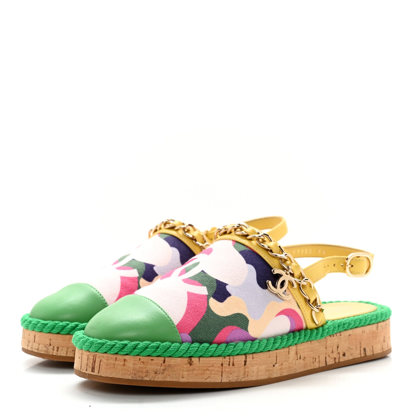 Lambskin Cotton Cork Printed Cap Toe Chain Mules Sandals 36 Multicolor Green