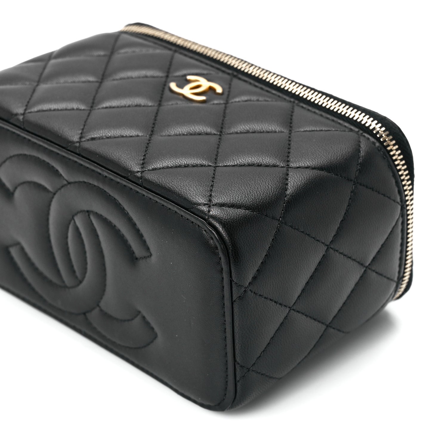 Lambskin Quilted Metal Small Top Handle Vanity Case With Chain Black