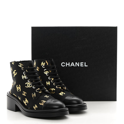 Chanel Lambskin Shearling Canvas CC Lace Up Boots 37.5 Black Gold 13 of 13