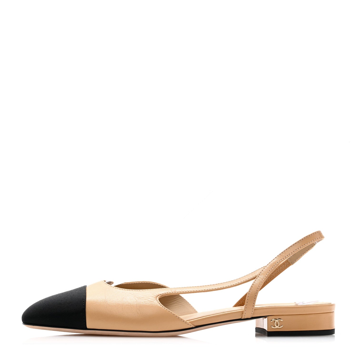 Chanel Lambskin Grosgrain Cap Toe CC Slingback Sandals 39 Beige Black 1 of 9